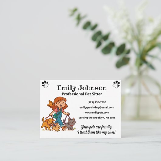 Custom Pet Sitter Business Card with Cute Cartoon  Visitekaartje (Staand voorkant)