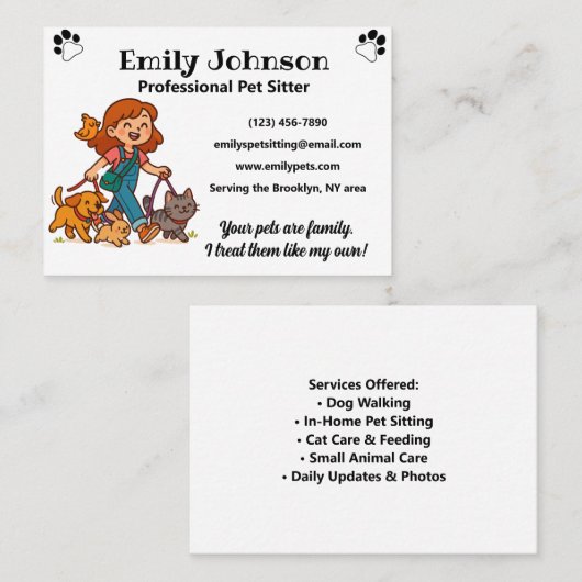Custom Pet Sitter Business Card with Cute Cartoon  Visitekaartje (Voorkant / Achterkant)