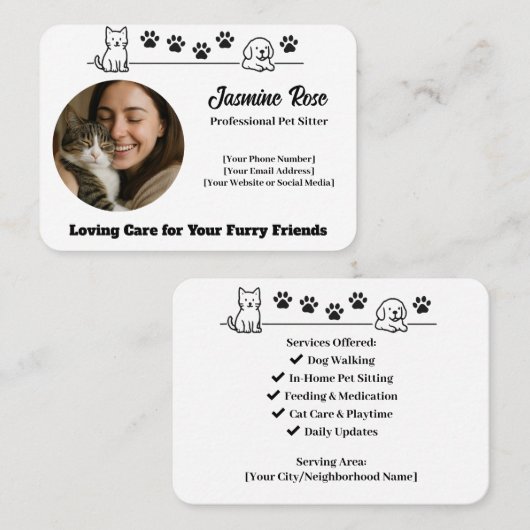 Custom Pet Sitter Business Card with Photo Visitekaartje (Voorkant / Achterkant)