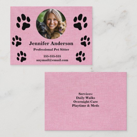 Custom Pet Sitter Visitekaartje – Zacht roze linne (Voorkant / Achterkant)
