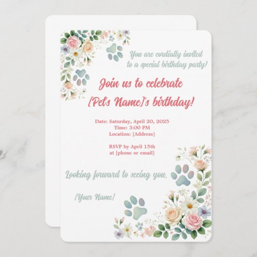 Custom Pet Verjaardag Uitnodiging | Aquarel Bloeme (Voorkant / Achterkant)