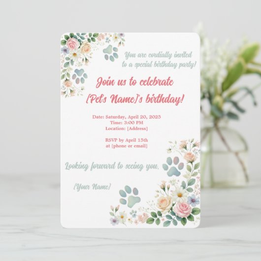 Custom Pet Verjaardag Uitnodiging | Aquarel Bloeme (Staand voorkant)