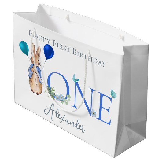 Custom Peter het konijn 1e Verjaardag Groot Cadeauzakje (Achterkant Gekanteld)