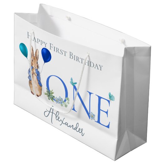 Custom Peter het konijn 1e Verjaardag Groot Cadeauzakje (Voorkant Gekanteld)