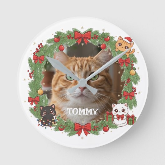 Custom Photo and Pet Name Christmas Ronde Klok (Voorkant)