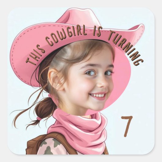Custom Photo Any Age Pink Cowgirl Theme Birthday  Vierkante Sticker (Voorkant)