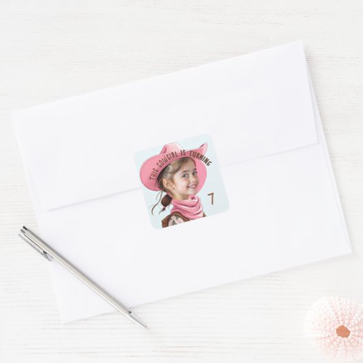 Custom Photo Any Age Pink Cowgirl Theme Birthday  Vierkante Sticker (Envelop)