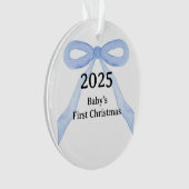 Custom Photo Baby's First Christmas YEAR Blue Bow Ornament (voorkant)