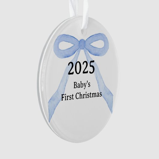 Custom Photo Baby's First Christmas YEAR Blue Bow  Ornament (voorkant)