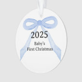 Custom Photo Baby's First Christmas YEAR Blue Bow Ornament (voorkant)