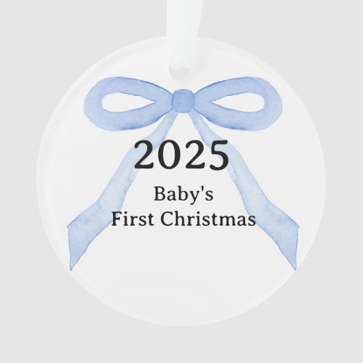 Custom Photo Baby's First Christmas YEAR Blue Bow Ornament (voorkant)