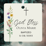 Custom Photo Baptism Wildflower Ceramic Metalen Ornament<br><div class="desc">This floral Baptism photo keepsake ornament features wildflowers and a cross with stylish script typography on a soft cream background.
Easily customizable with your details and photo.
Original Watercolor © Michele Davies.</div>