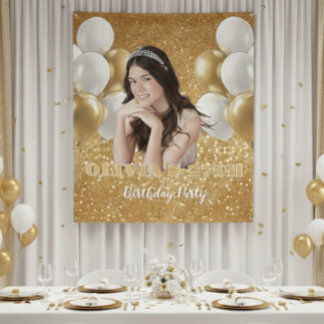 Custom Photo Birthday Backdrop,  gold & white Wandkleed