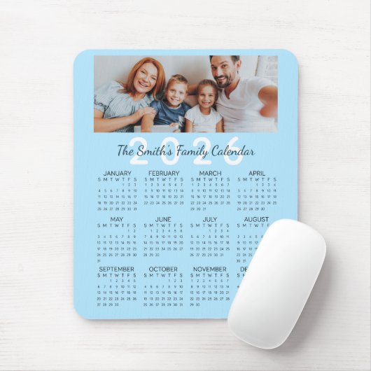 Custom Photo Blue 2026 Family Calendar Muismat (Met muis)