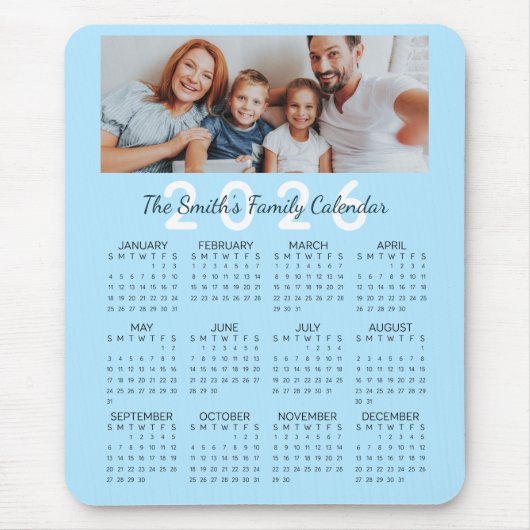Custom Photo Blue 2026 Family Calendar Muismat (Voorkant)
