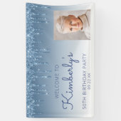 Custom Photo Blue Glitter Drip 50th Birthday Spandoek (Verticaal)