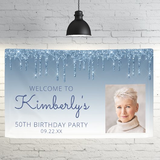 Custom Photo Blue Glitter Drip 50th Birthday Spandoek