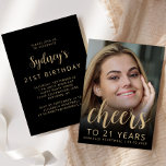 Custom Photo Cheers 21st Birthday Party Kaart<br><div class="desc">The front of this 21st birthday invitation features the guest of honor's photo with a gold-colored text overlay. The word "cheers" appears in elegant gold-colored calligraphy script, followed by "to 21 years" and the guest of honor's name and birthday in sans serif font. A dark screen helps make the text...</div>