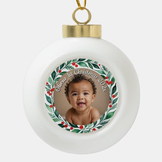 custom photo christmas holly  ceramic ornament (Voorkant)