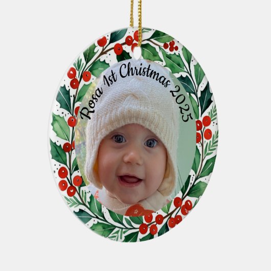 custom photo Christmas holly  ceramic ornament (Rechts)