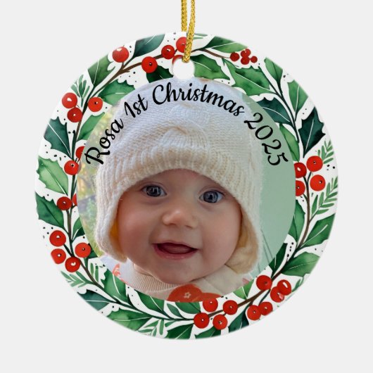 custom photo Christmas holly  ceramic ornament (Voorkant)