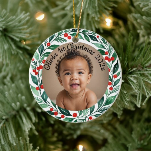custom photo christmas holly  ceramic ornament (Boom)