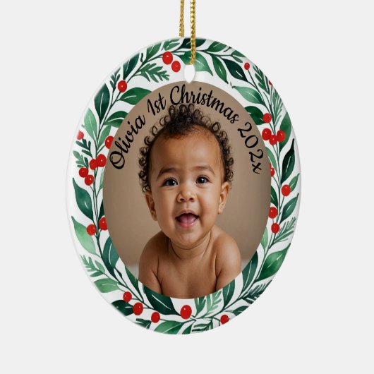 custom photo christmas holly  ceramic ornament (Rechts)