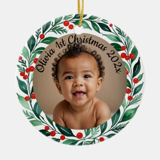 custom photo christmas holly ceramic ornament (Voorkant)