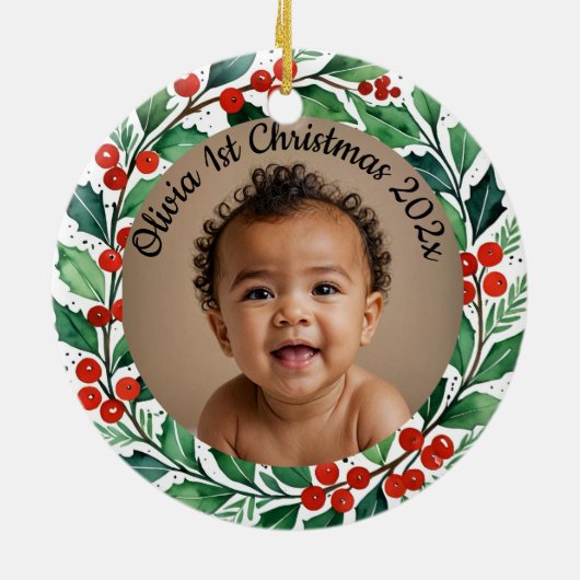 custom photo christmas holly  ceramic ornament (Achterkant)