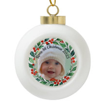 custom photo Christmas holly  ceramic ornament