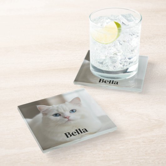 Custom photo coaster with snow white cat glazen onderzetter (Schuin)