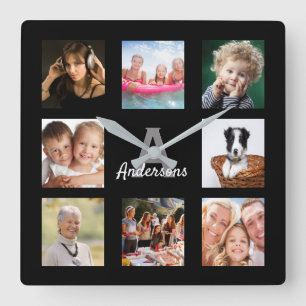 Custom photo collage family monogram name black vierkante klok