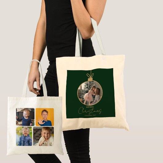 custom photo collage Merry Christmas bauble Tote Bag
