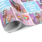 Custom Photo Collage Modern Retro Blue Pattern Cadeaupapier (Rol Hoek)