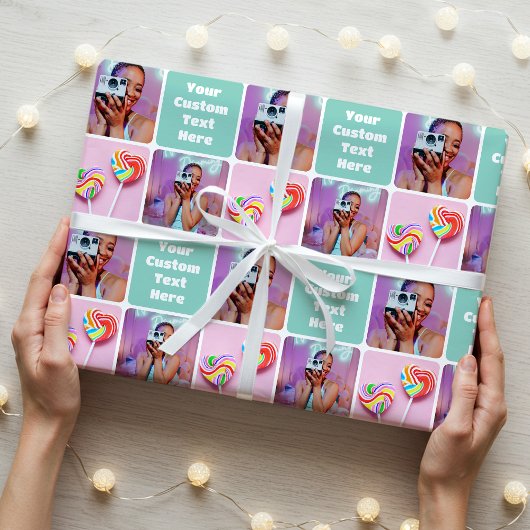 Custom Photo Collage Modern Retro Green Pattern Cadeaupapier