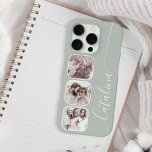 Custom Photo Collage Personalized Sage Green iPhone 16 Pro Hoesje<br><div class="desc">This stylish phone case offers a fresh look with its soft, sage green background, perfect for a personalized touch. It features three neatly arranged, rounded square frames down one side, ready for your favorite photos. A delicate, flowing script and subtle lines adorn the other side, adding an elegant and custom...</div>