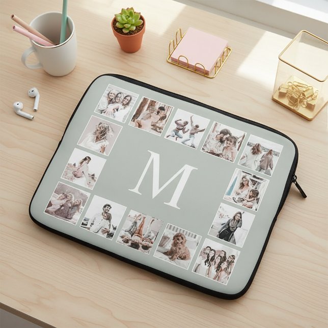 Custom Photo Collage Personalized Sage Green Laptop Sleeve (Creator heeft geüpload)