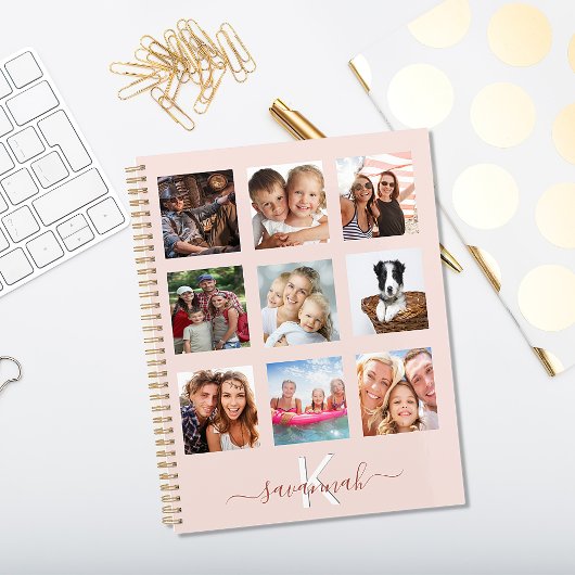 Custom photo collage rose gold pink monogram 2023 planner