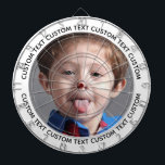 Custom Photo Dartboard & Text - WHITE Surround Dartbord<br><div class="desc">Custom Photo Dartboard template with personalized text and WHITE round photo framing surround (other color surrounds available in store). Your face on a dartboard. One click personalize upper and lower text plus replace image, or full customization via Edit Screen. Regulation size with metal frame and 6 brass darts (Stars and...</div>