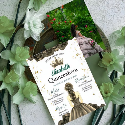 Custom Photo Emerald Green Quinceañera Invite Kaart