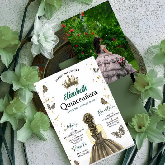 Custom Photo Emerald Green Quinceañera Invite Kaart