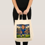Custom Photo-Face Soccer/Football Star Caricature Tote Bag<br><div class="desc">Two Designs in One: The Ultimate Personalized Soccer Fan Tote Bag! Double the style and double the spirit with our customizable soccer caricature tote bag. This versatile bag is a game-changer, featuring two distinct designs to match your mood. On one side, you’ll find a vibrant, high-energy soccer caricature of a...</div>