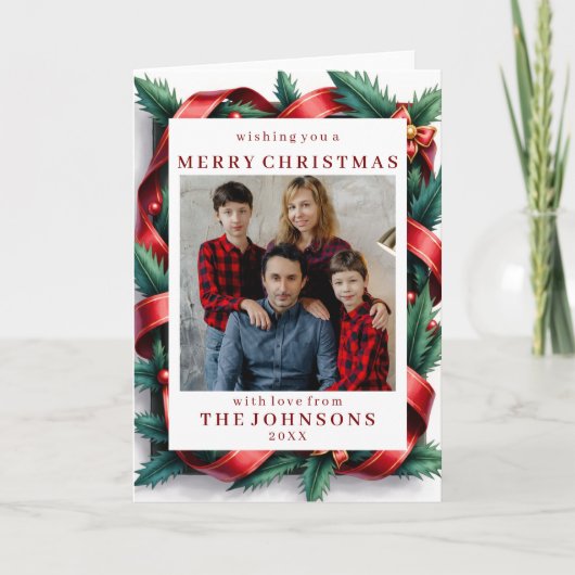 Custom Photo Festive Ribbon Bow Frame Greeting Kaart (Voorkant)