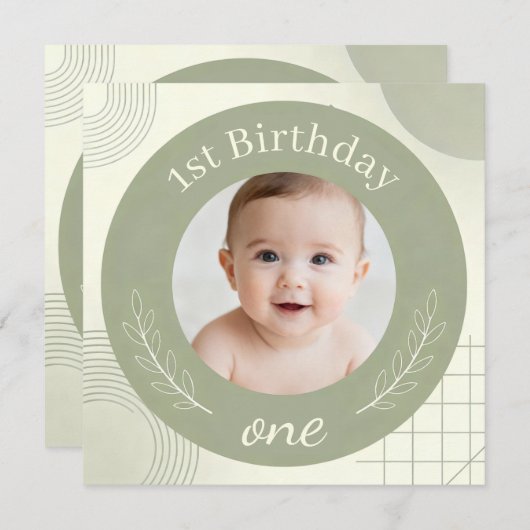 Custom Photo First Birthday - Personalized Sage  Kaart (Voorkant / Achterkant)
