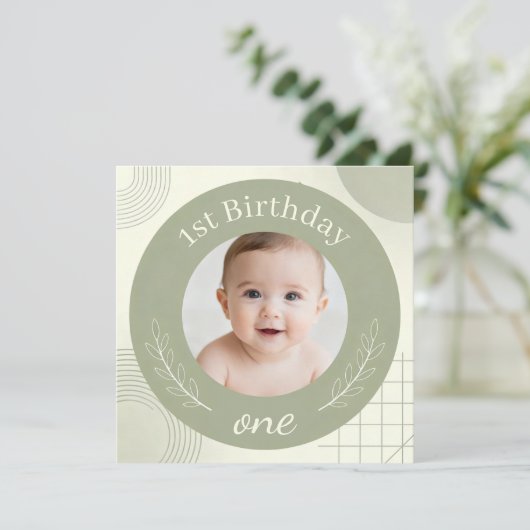 Custom Photo First Birthday - Personalized Sage  Kaart (Staand voorkant)