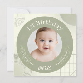 Custom Photo First Birthday - Personalized Sage  Kaart