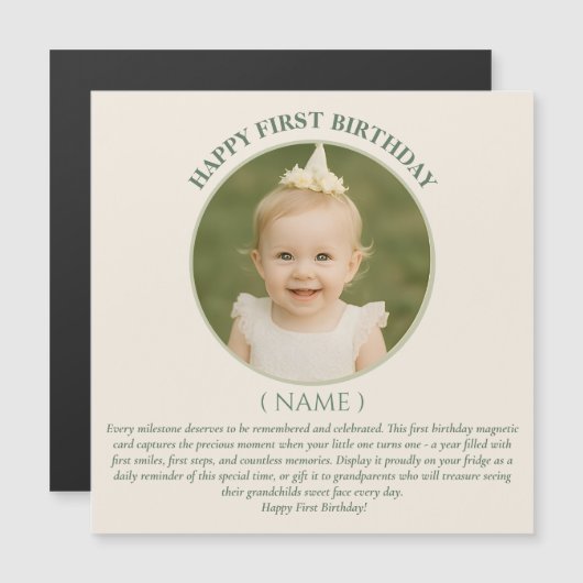 Custom Photo First Birthday Sage Green Thin Magnet Magnetische Uitnodiging (Voorkant / Achterkant)