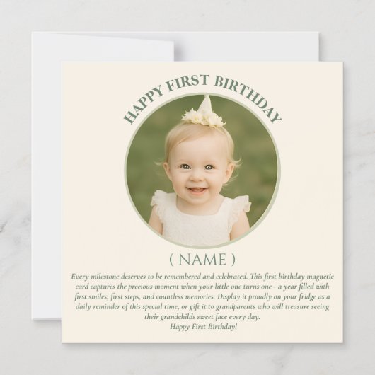 Custom Photo First Birthday Sage Green Thin Magnet Magnetische Uitnodiging (Voorkant)