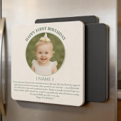 Custom Photo First Birthday Sage Green Thin Magnet Magnetische Uitnodiging
