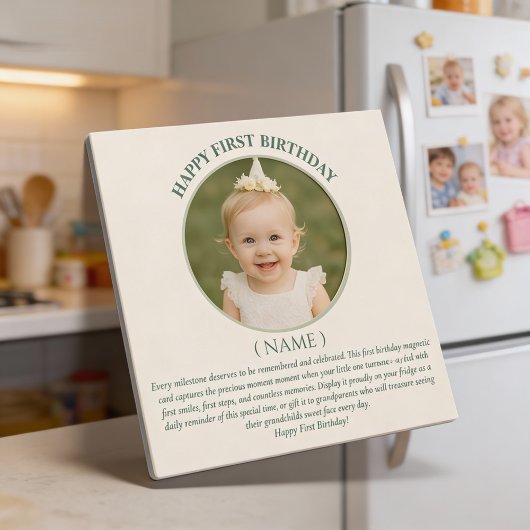 Custom Photo First Birthday Sage Green Thin Magnet Magnetische Uitnodiging
